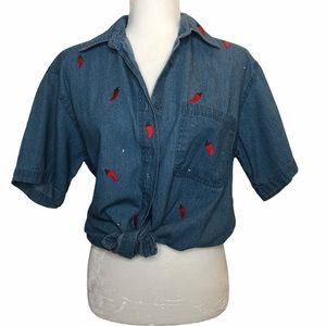 Red Chili Pepper & Rhinestone Denim Button Down